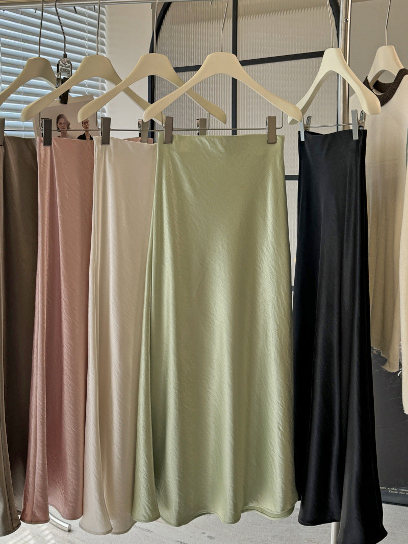 Acetate satin fishtail skirt women's temperament simple drape slim hip A-line midi skirt