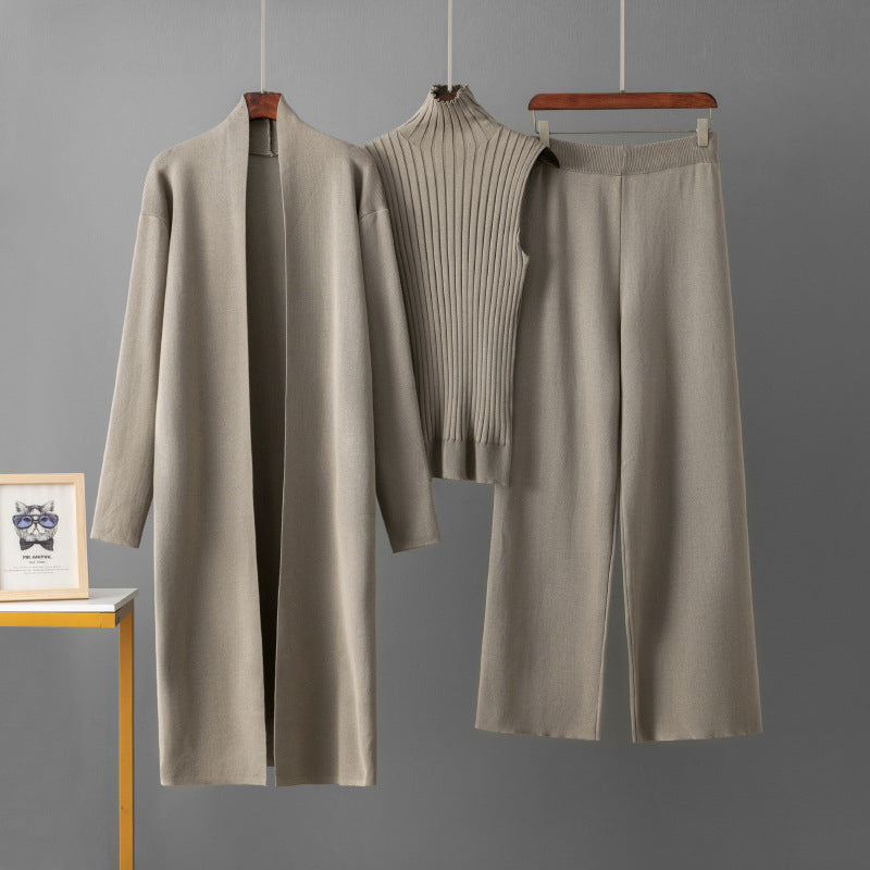 European and American foreign style solid color casual suit women's shawl jacket + V-neck base knit sweater + wide-leg trousers three-piece set