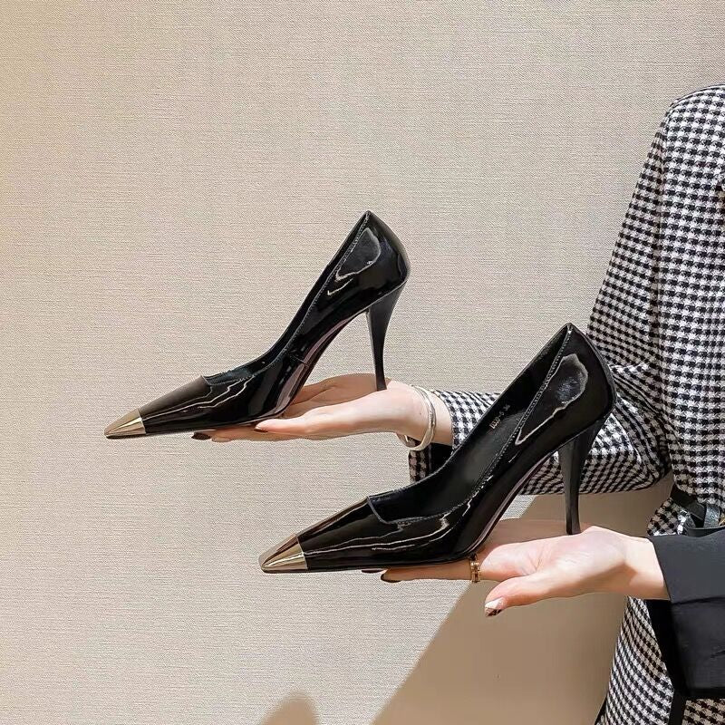 New Sexy Patent Leather High Heels Square Toe Metal Toe Stiletto Heel Fashion Single Shoes Black Toe Wrap Sandals for Women