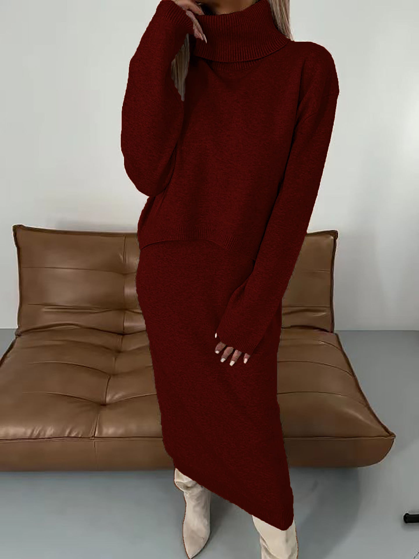 Fall/Winter Sweater Dress, High Neck Maxi Sweater Dress, Two Piece Solid Color Knit Dress