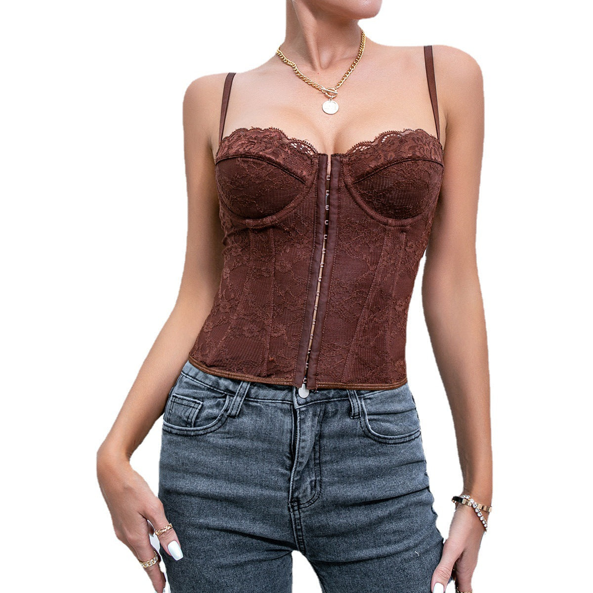 Cross-border women's clothing European and American style sexy solid color lace strap fish bone steel ring wrapped chest breastless backless vest 9009