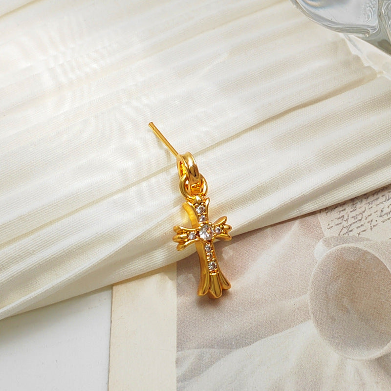 Copper-plated real gold S925 silver needle European and American cross-shaped earrings women's simple earrings temperament inlaid zircon earrings T772