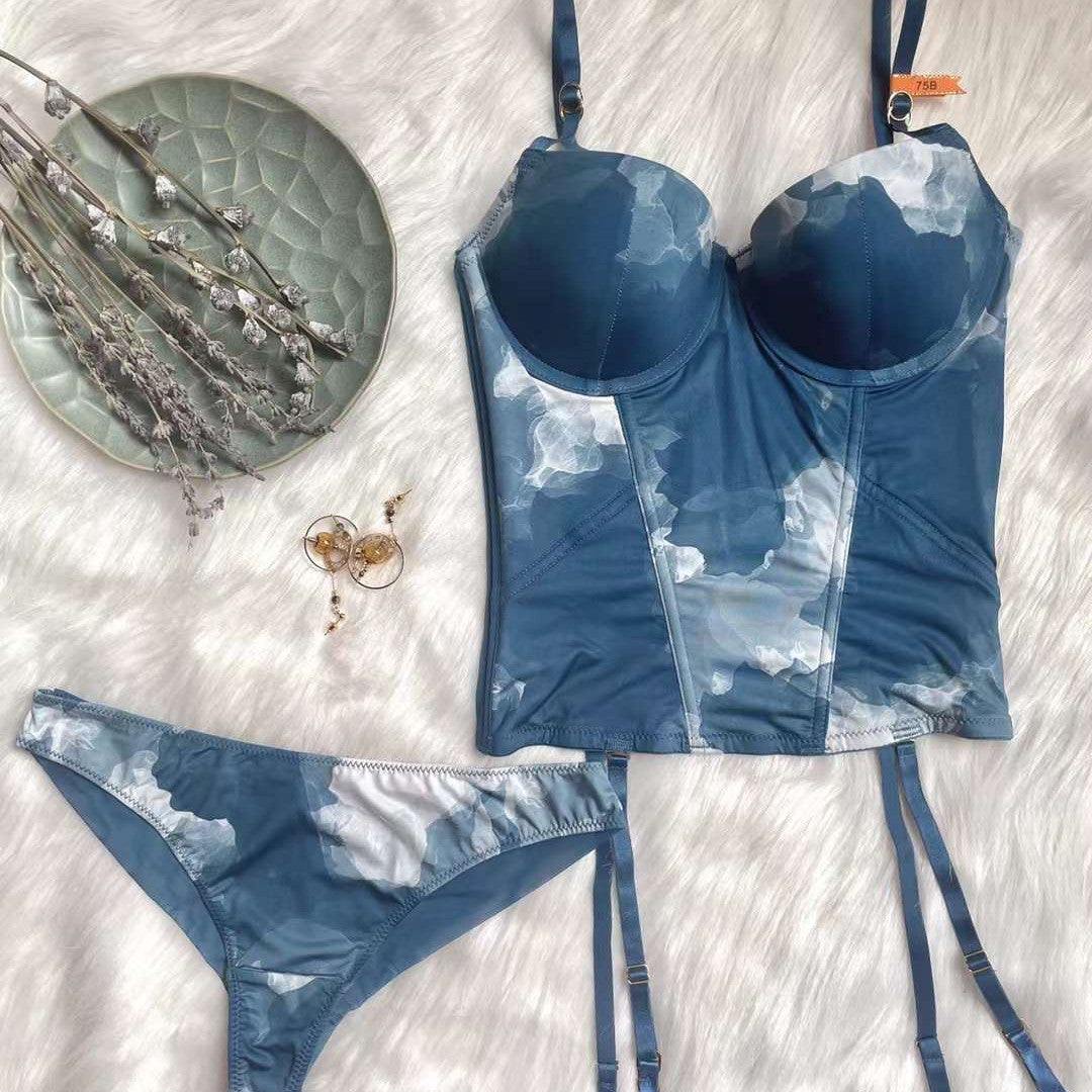 New printed glossy sexy lingerie small chest showing big slim body bone clothing bra tummy control body vest bra set