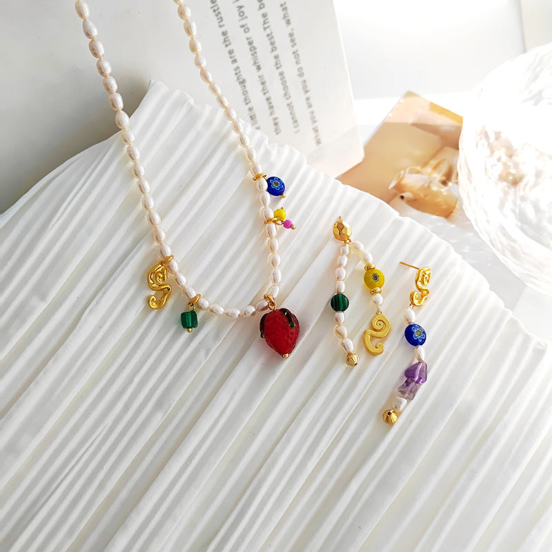 Retro elegant cultured pearl necklace temperament color glass earrings ins style asymmetrical earrings set T163