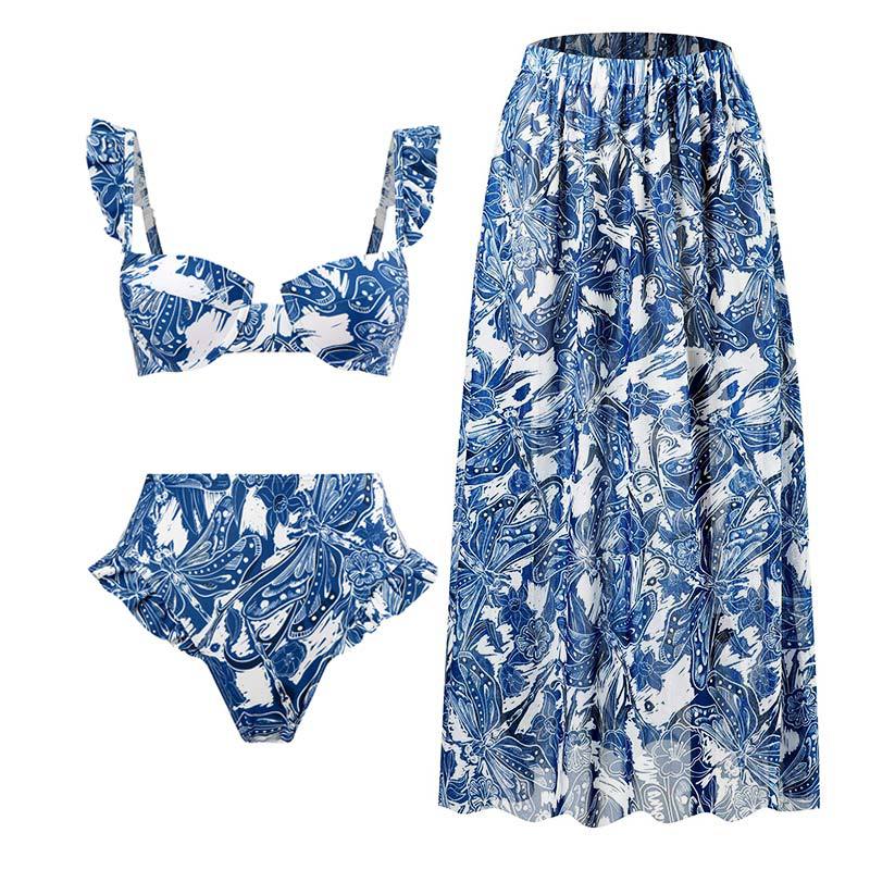 Bikini Set – Sexy Gathered Design, High Waist Split Swimsuit + Chiffon Long Skirt, European & American Style