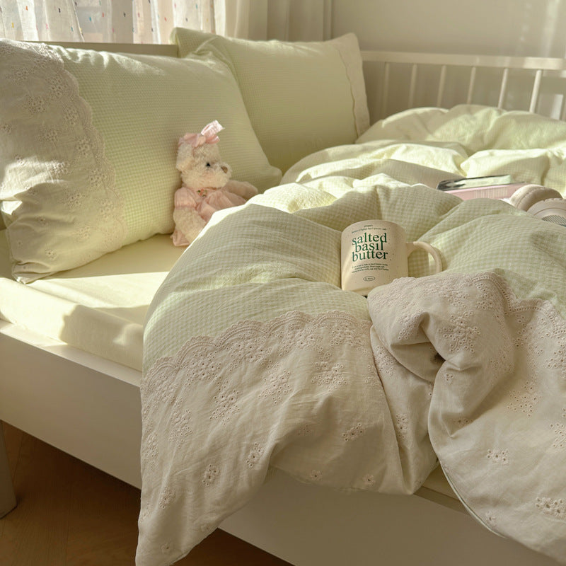 Class A French bedding four-piece set of cotton cotton double-layer gauze duvet cover bed sheets summer bed hat dormitory three-piece set 4