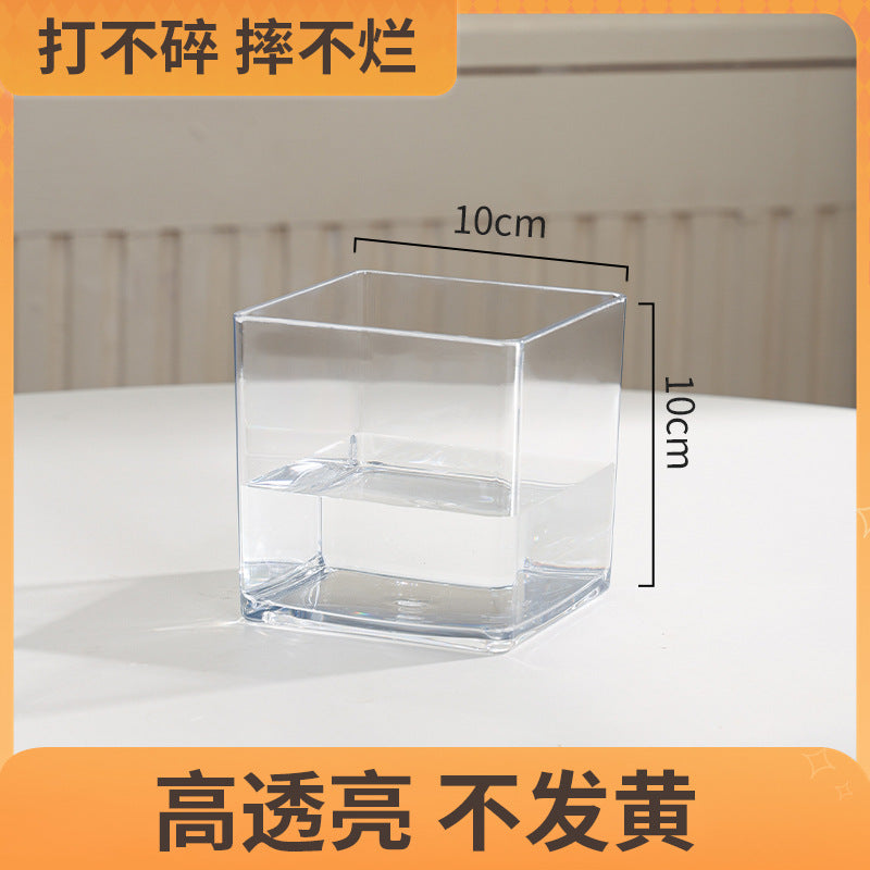 Transparent square jar vase, water culture, green plant, white palm, succulent, square cup, flower arrangement, hydroponic flower pot, tabletop simple ornament, florist