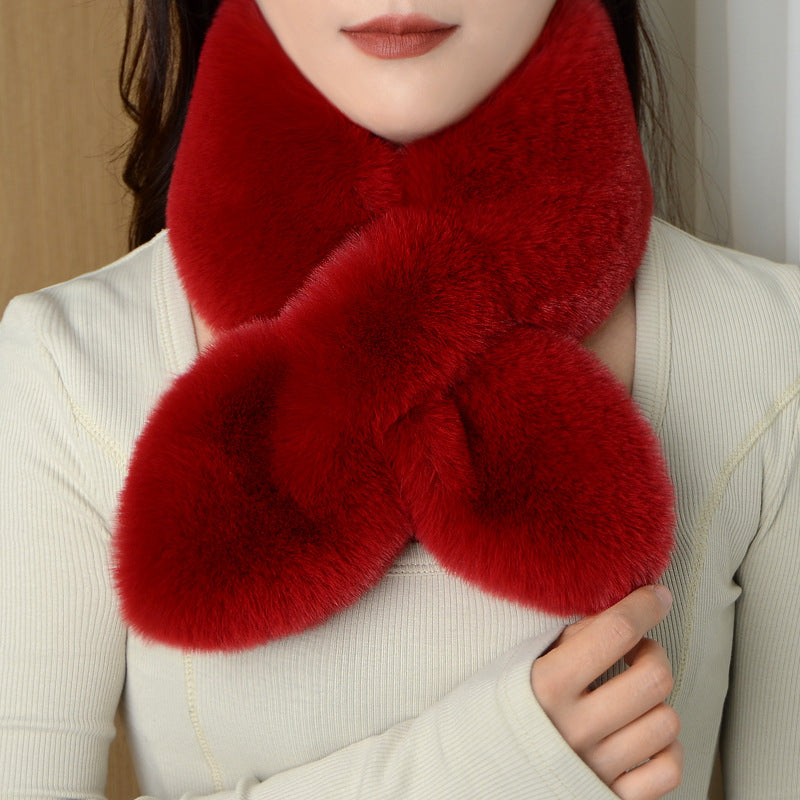 New Neck Wrap Women's Winter Korean Version Double-sided Plush Scarf Imitation Otter Rabbit Fur Thickened Warmth Cross Versatile Solid Color Autumn