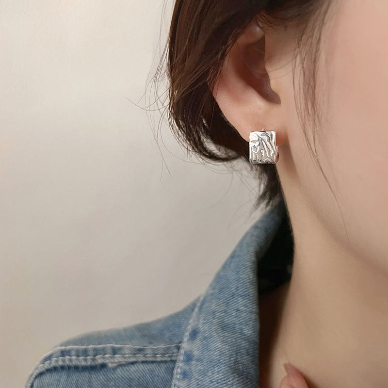 Yongcheng s925 sterling silver earrings niche design sense of folds texture sense square ear buckle cold wind design earrings female