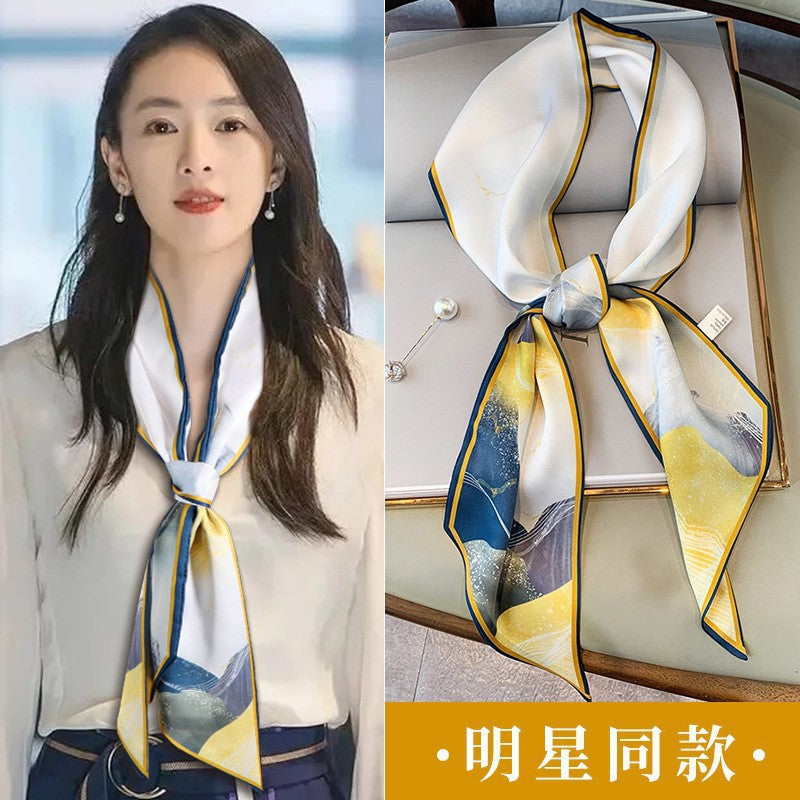 Long silk scarf, women's high-end small square scarf, spring and autumn black neck brace neck with shirt streamer and silk tie