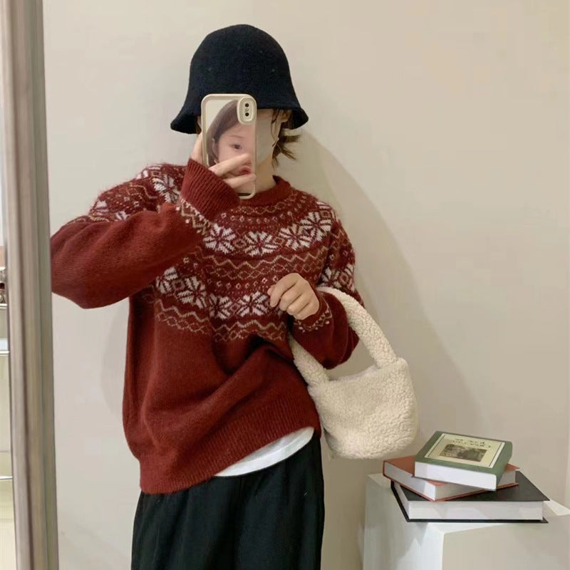 Retro jacquard soft waxy sweater women's autumn and winter new Japanese style lazy style loose round neck pullover sweater thick