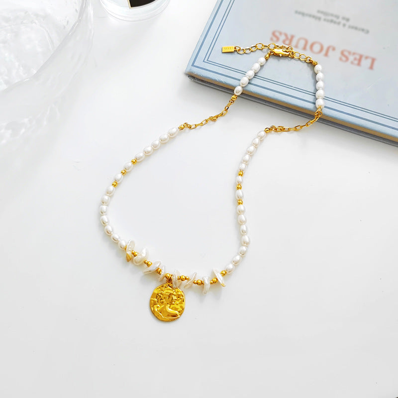 Copper-plated real gold fashion Baroque style necklace irregular cultured pearl necklace retro human head clavicle chain 56