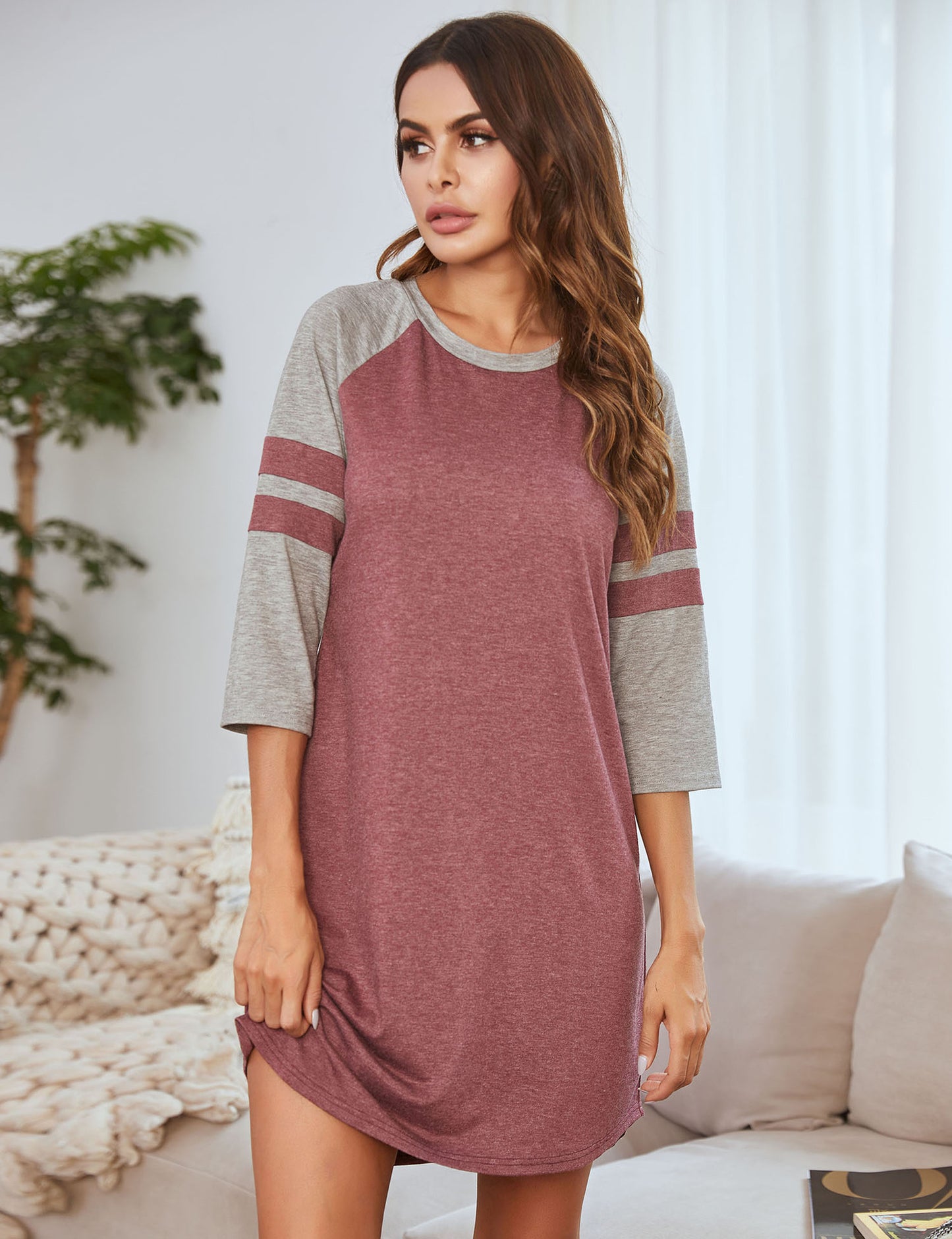 spring and summer hot style European and American women's dress stitching color strip round neck home service pajamas