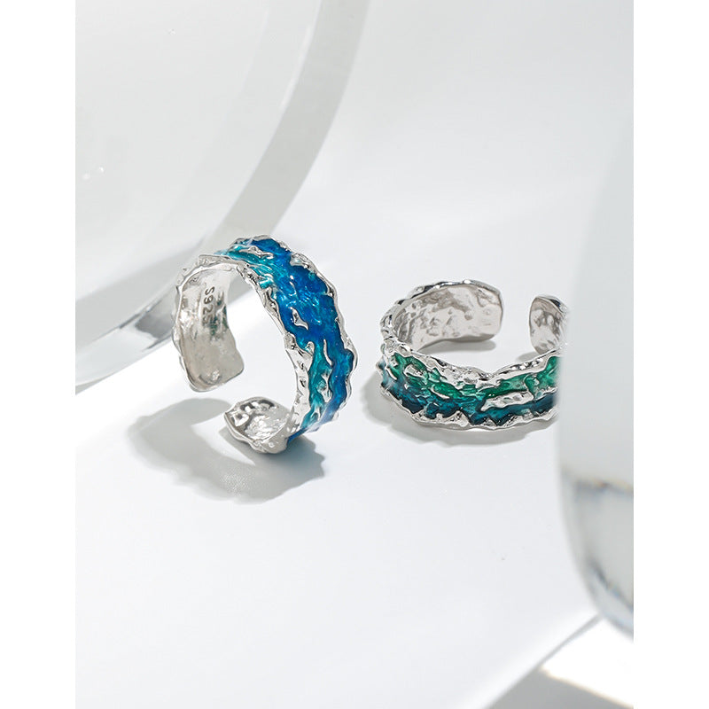 1809 niche design sense irregular texture texture light luxury blue green drip glaze S925 sterling silver ring ring female