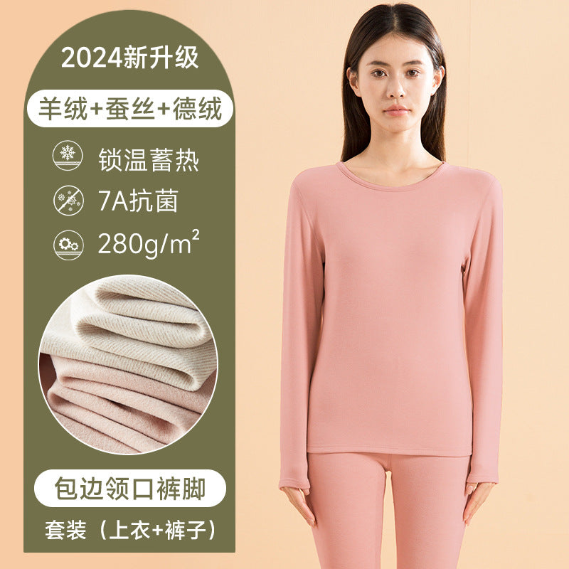 7A Antibacterial Mid Neck Thermal Underwear Set Men's Cashmere Silk Autumn Clothes Autumn Pants Women's Round Neck Velvet Thermal Clothing