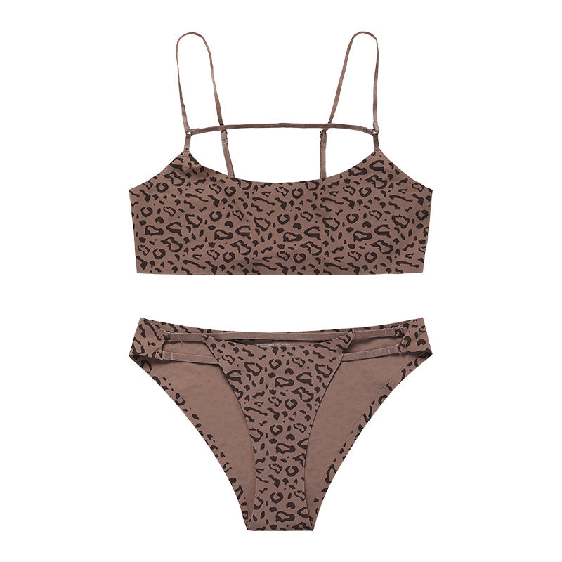 Leopard print bra set female sense European and American style no steel ring gathered on the top breathable temptation sexy lingerie set