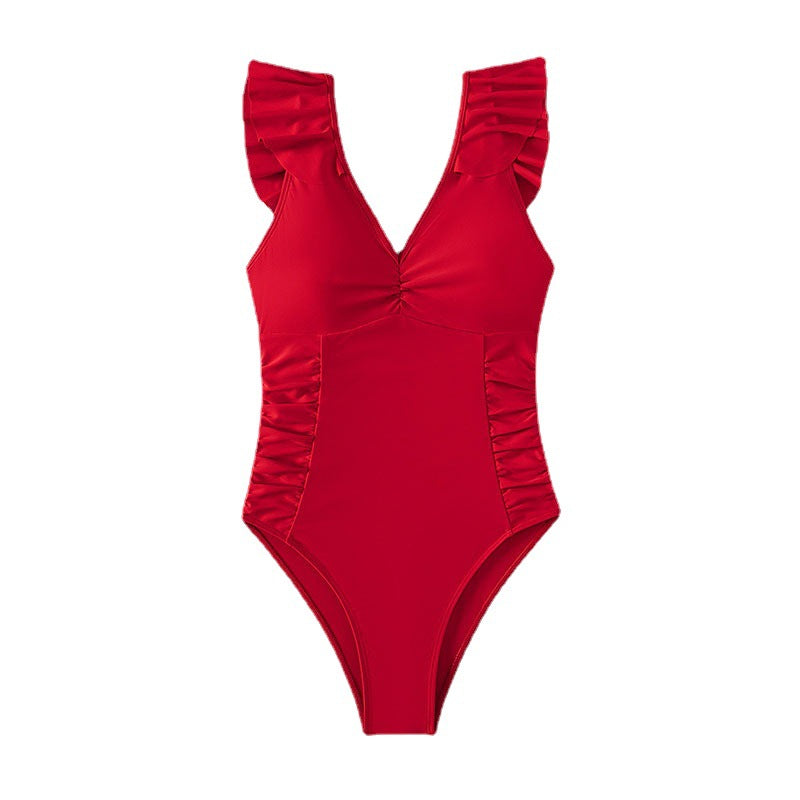 European & American Style One-Piece Bikini – Solid Color, Flying Sleeve, Slim Fit Swimsuit for Women