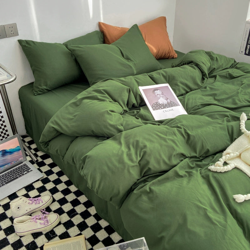 Simple pure color washed cotton bed four-piece spring and autumn Japanese-style bedding bed linen quilt cover single dormitory three-piece set