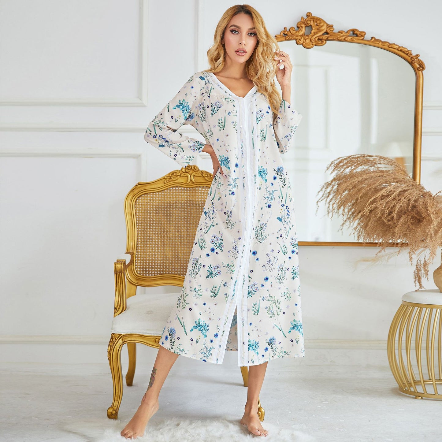 autumn and winter hot style European and American women's nightdress woven four-sided bomb printing long-sleeved long home wear dress