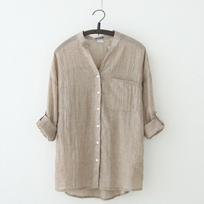 summer new sun protection clothing Japanese style small fresh loose cotton and linen three-quarter sleeves stand-up collar cotton and linen shirt women