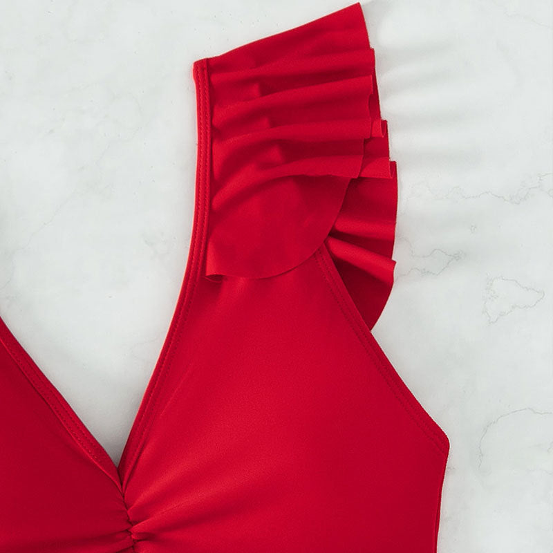 European & American Style One-Piece Bikini – Solid Color, Flying Sleeve, Slim Fit Swimsuit for Women