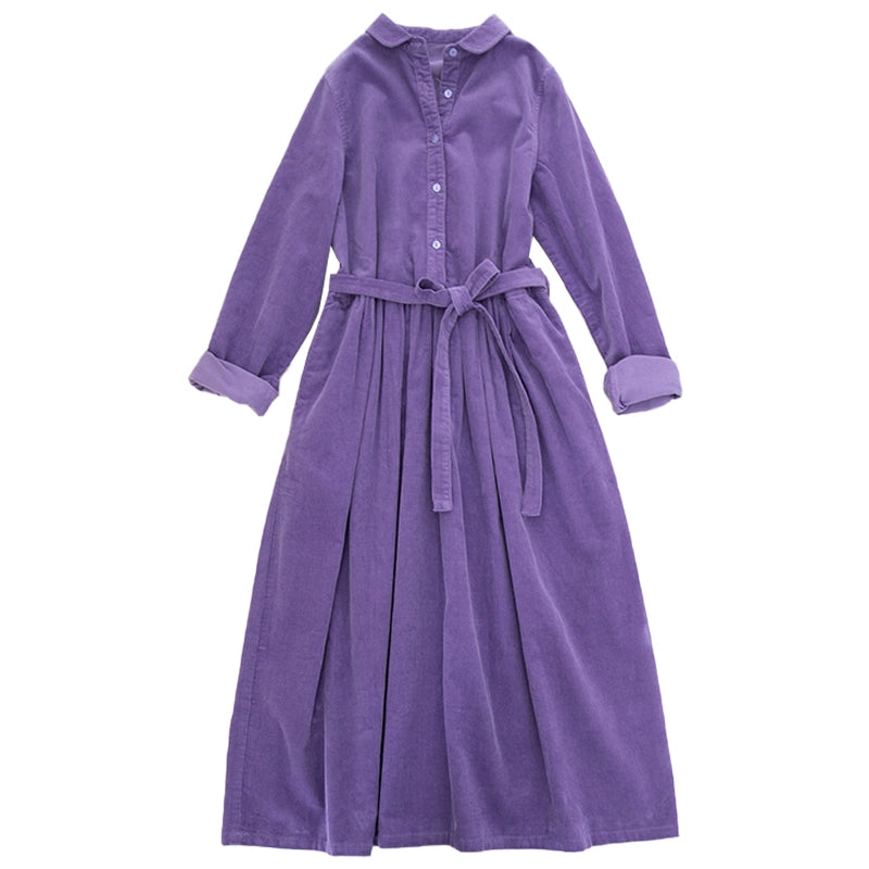 Doll collar shirring big swing dress long skirt washed cotton thin corduroy commuting literary girl autumn and winter