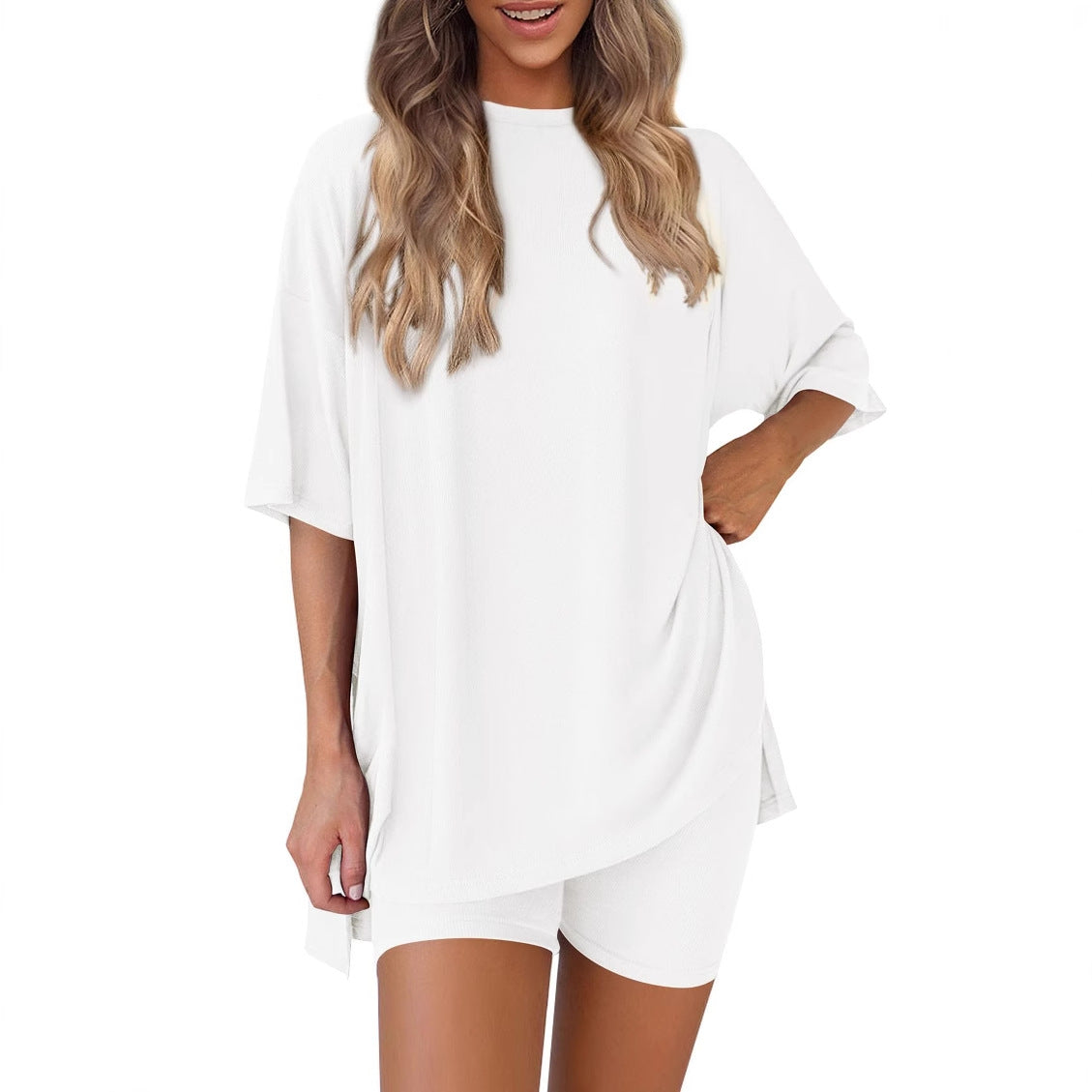 spring/summer European and American new loose fashion solid color casual short-sleeved shorts two-piece set