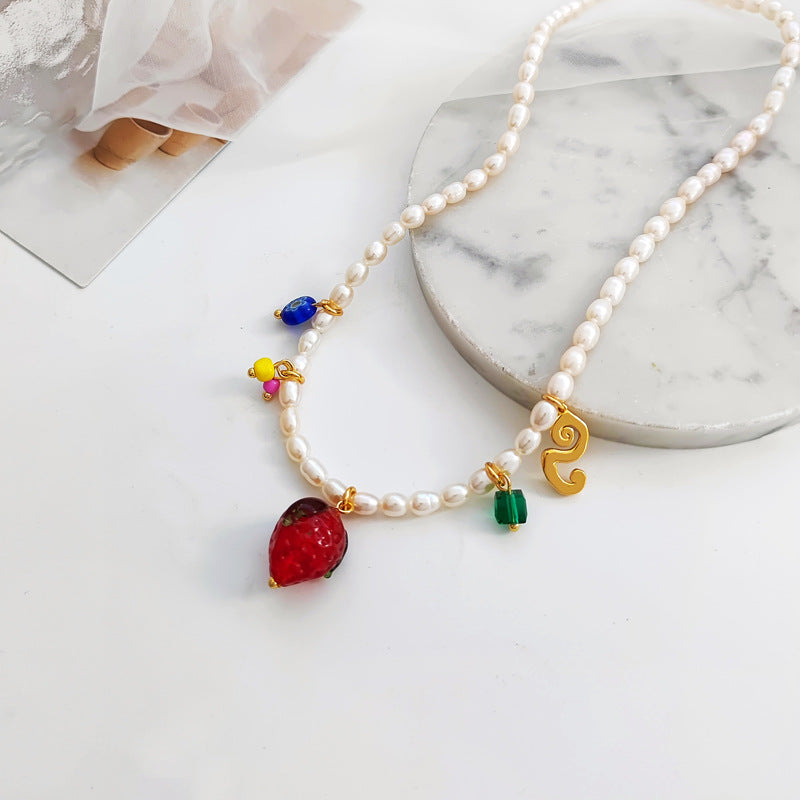 Retro elegant cultured pearl necklace temperament color glass earrings ins style asymmetrical earrings set T163