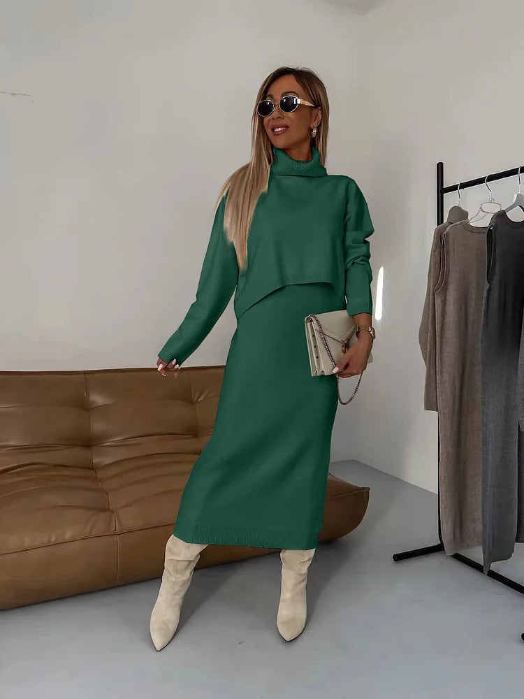 Fall/Winter Sweater Dress, High Neck Maxi Sweater Dress, Two Piece Solid Color Knit Dress