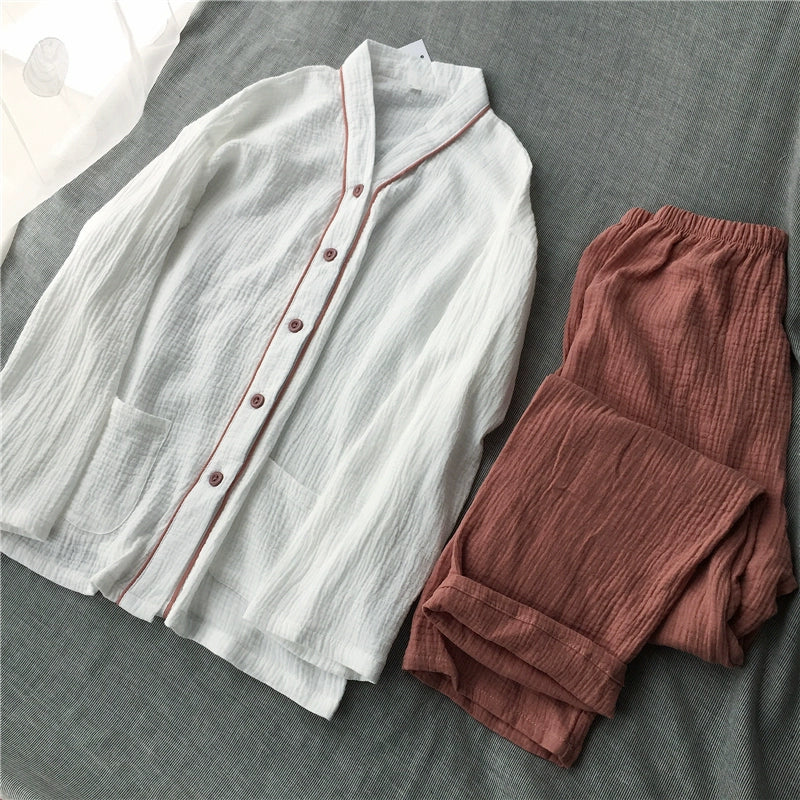 Simple Japanese plain cotton washed cotton double-layer gauze V-neck home clothes pajamas set long-sleeved trousers