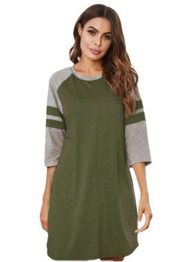 spring and summer hot style European and American women's dress stitching color strip round neck home service pajamas