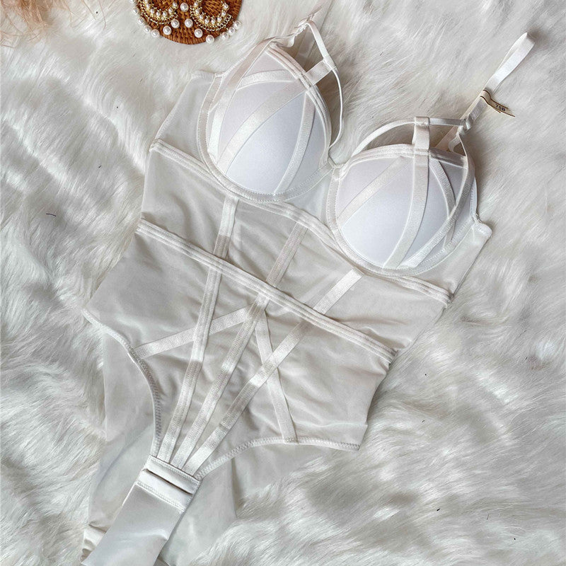 Explosive style sexy micro-shaping slim one-piece underwear mesh see-through small chest push-up one-piece bra