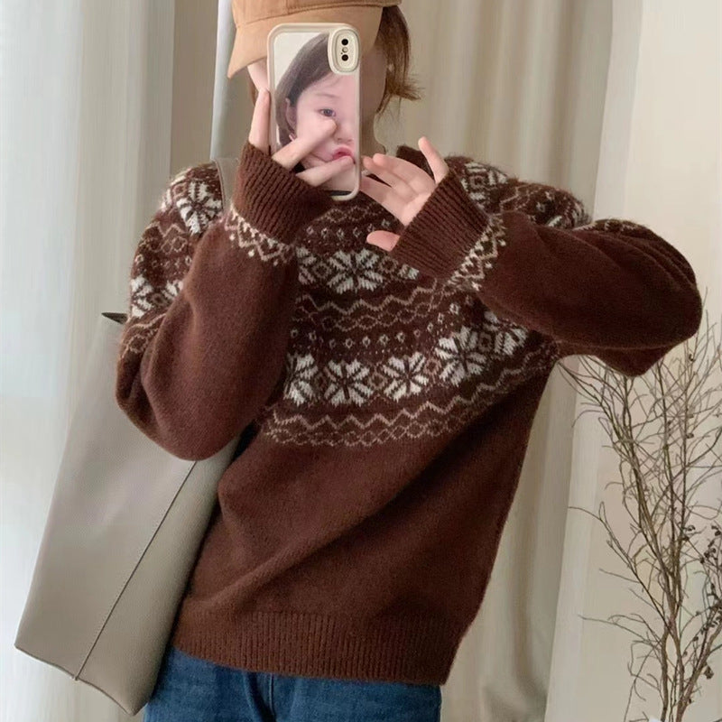 Retro jacquard soft waxy sweater women's autumn and winter new Japanese style lazy style loose round neck pullover sweater thick