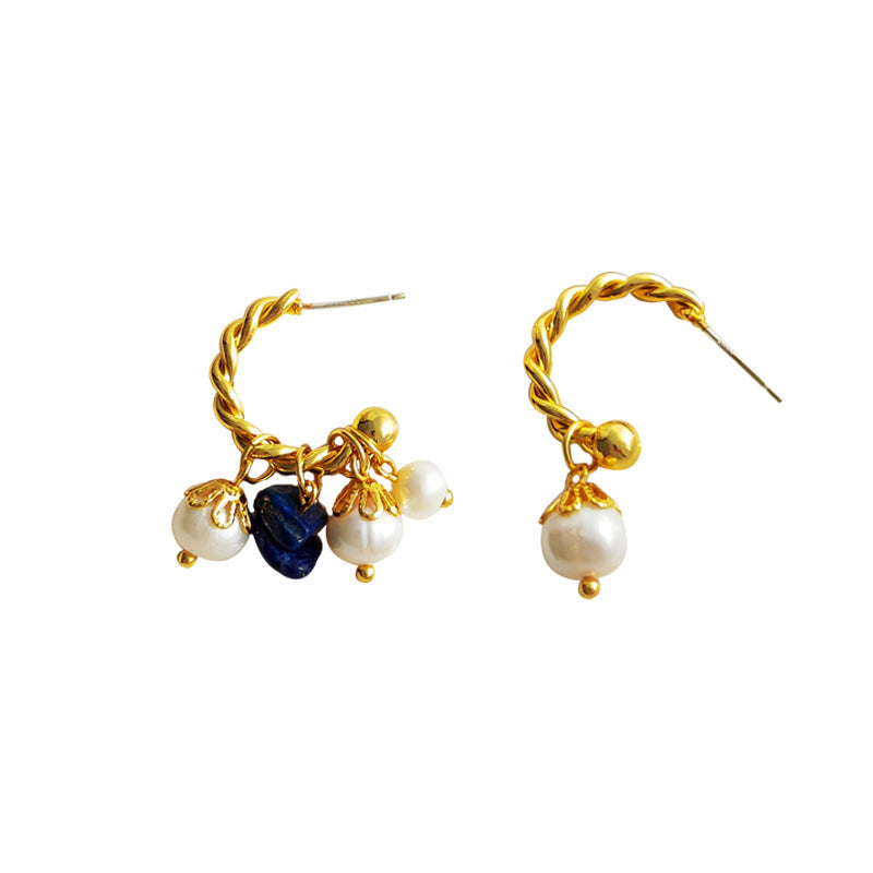 Copper-plated real gold S925 silver needle retro irregular natural stone earrings asymmetric earrings sweet pearl earrings 74