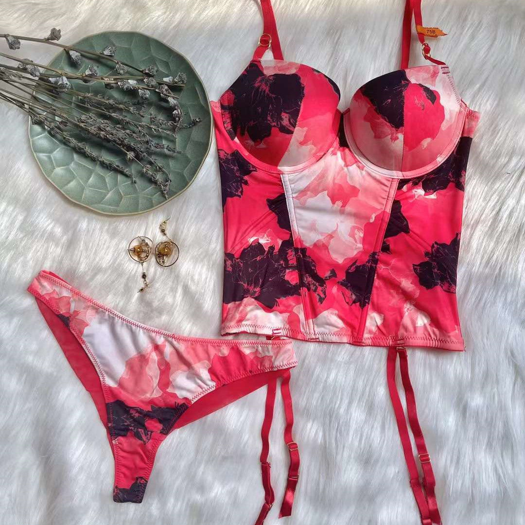 New printed glossy sexy lingerie small chest showing big slim body bone clothing bra tummy control body vest bra set