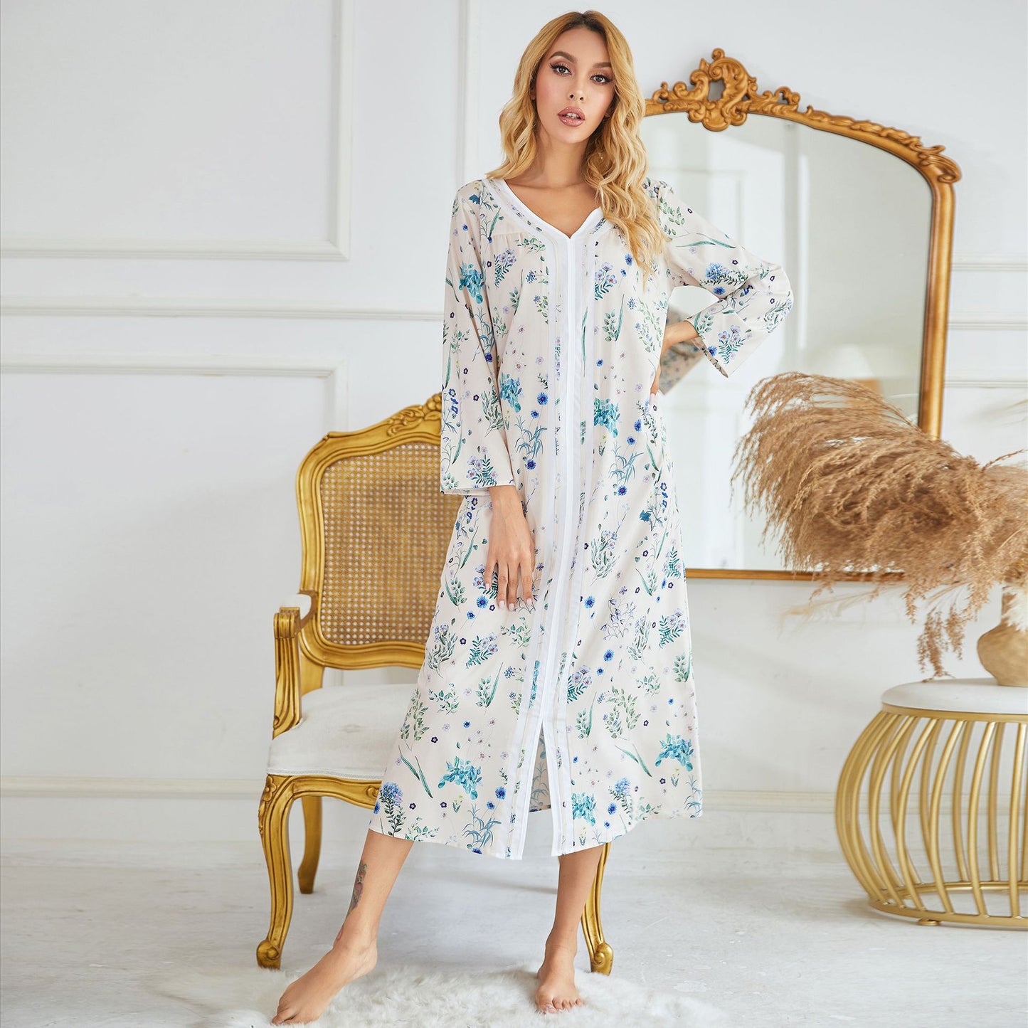 autumn and winter hot style European and American women's nightdress woven four-sided bomb printing long-sleeved long home wear dress