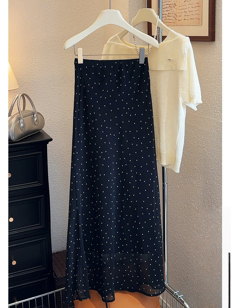 Polka dot mermaid skirt women's skirt summer new mid-length retro Hong Kong style hip-hugging high-waisted chiffon skirt