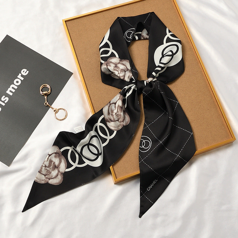 Long silk scarf, women's high-end small square scarf, spring and autumn black neck brace neck with shirt streamer and silk tie