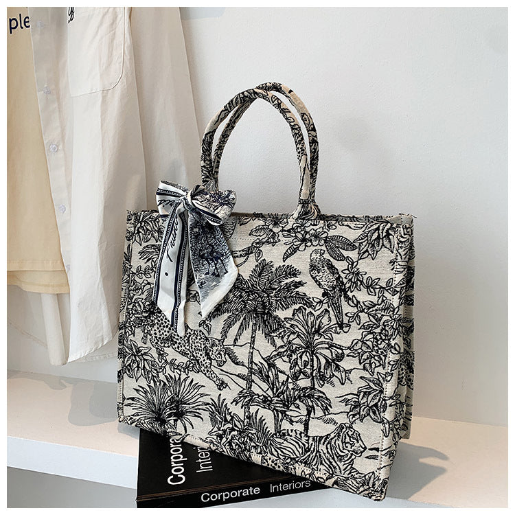 Japanese tote bag women's new niche embroidery cotton linen handbag large capacity commuting canvas shoulder bag