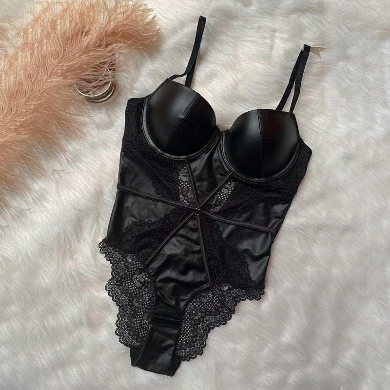 New style sexy leather lace red zodiac year gathered motorcycle suit sexy underwear one-piece bra