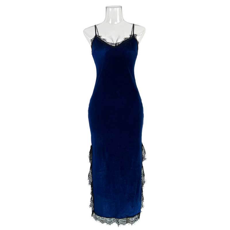 Cross-border foreign trade autumn and winter sexy deep V pajamas women's long strap nightdress velvet lace temptation backless home 137