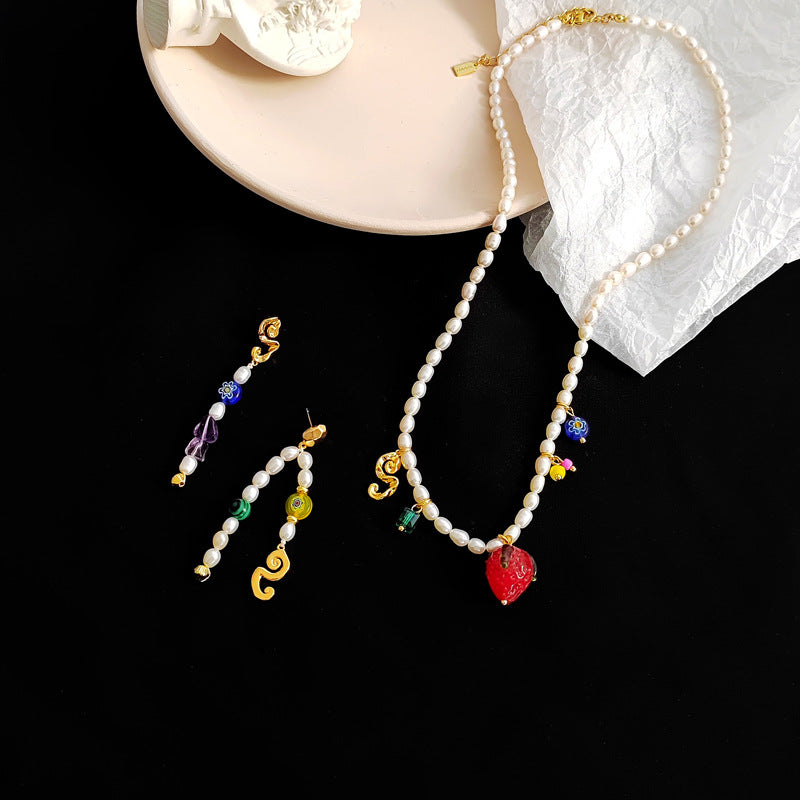 Retro elegant cultured pearl necklace temperament color glass earrings ins style asymmetrical earrings set T163