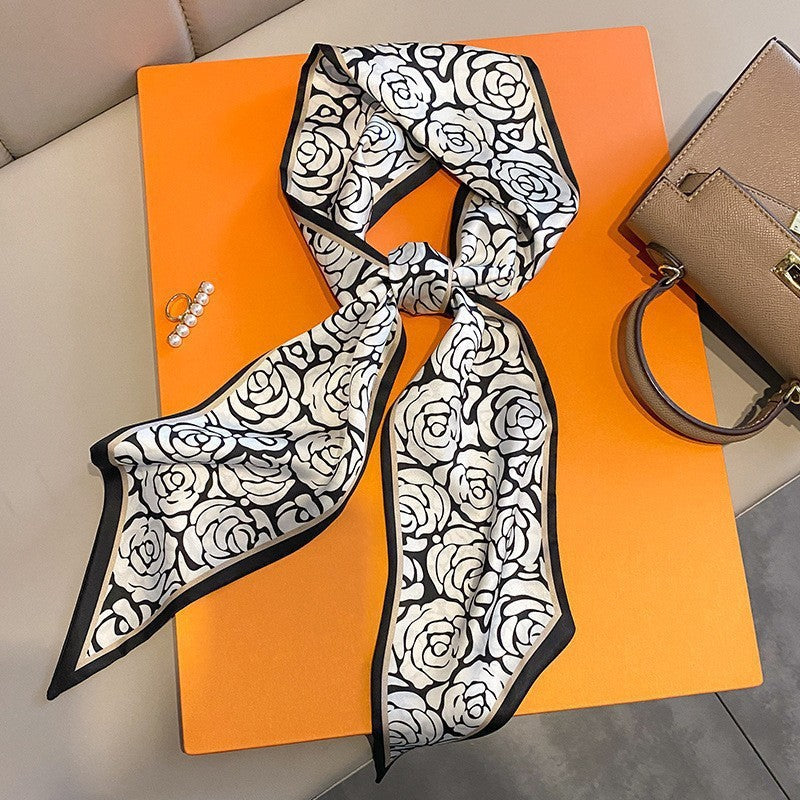 Long silk scarf, women's high-end small square scarf, spring and autumn black neck brace neck with shirt streamer and silk tie