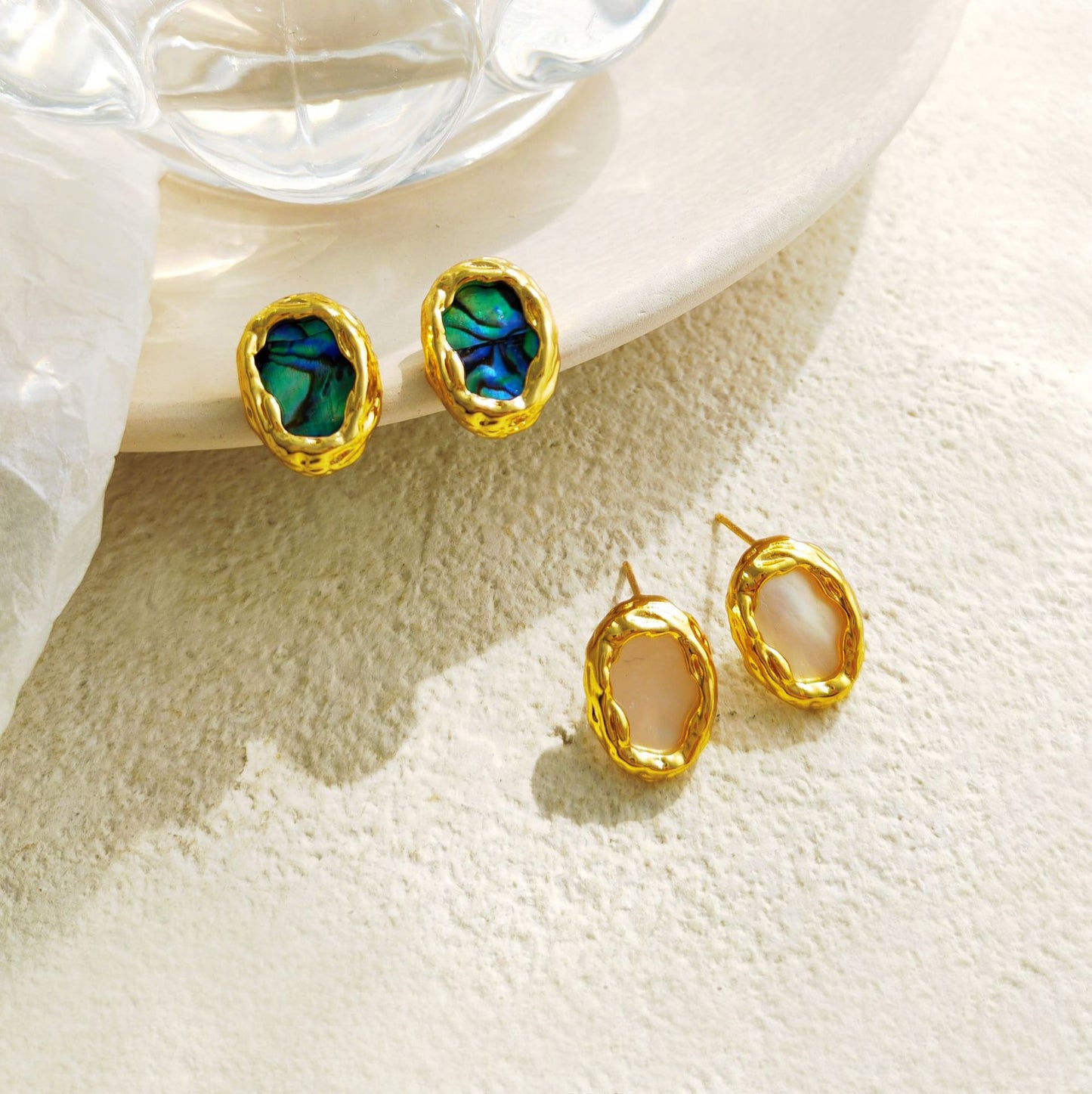 Self-designed copper-plated real gold S925 silver needle geometric oval earrings women's irregular earrings shell earrings T102