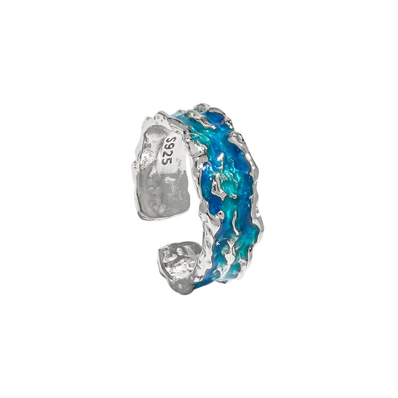 1809 niche design sense irregular texture texture light luxury blue green drip glaze S925 sterling silver ring ring female
