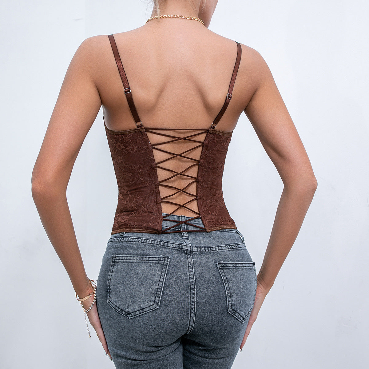 Cross-border women's clothing European and American style sexy solid color lace strap fish bone steel ring wrapped chest breastless backless vest 9009