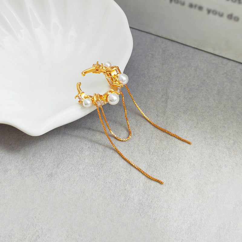 Copper-plated real gold Korean chain tassel ear bone clip ins wind pearl inlaid zircon earrings earrings without ear holes T683