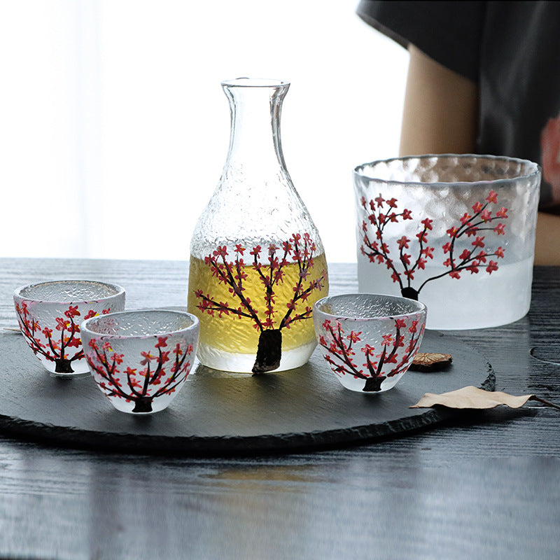 Japanese-style plum blossom thumb sake pot sake cup set creative plum blossom frosted glass wine dispenser liquor set wholesale