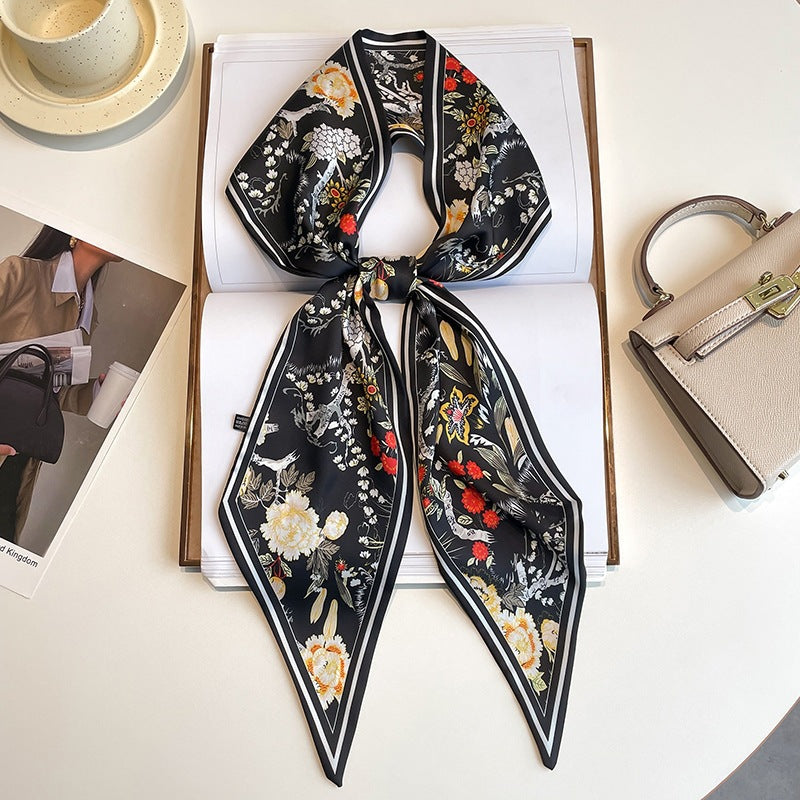 Long silk scarf, women's high-end small square scarf, spring and autumn black neck brace neck with shirt streamer and silk tie