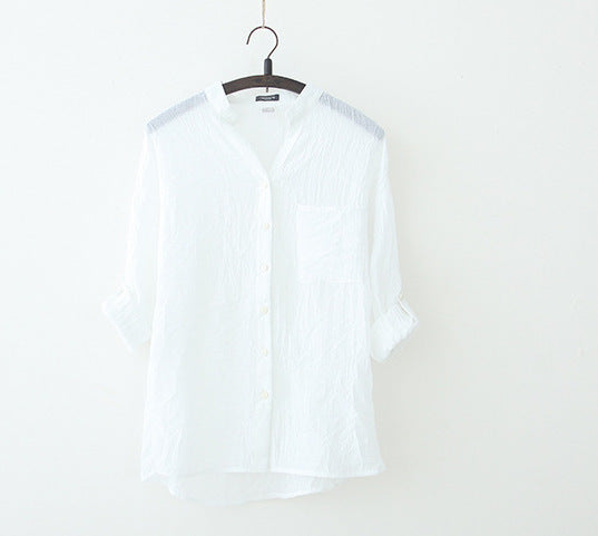 summer new sun protection clothing Japanese style small fresh loose cotton and linen three-quarter sleeves stand-up collar cotton and linen shirt women